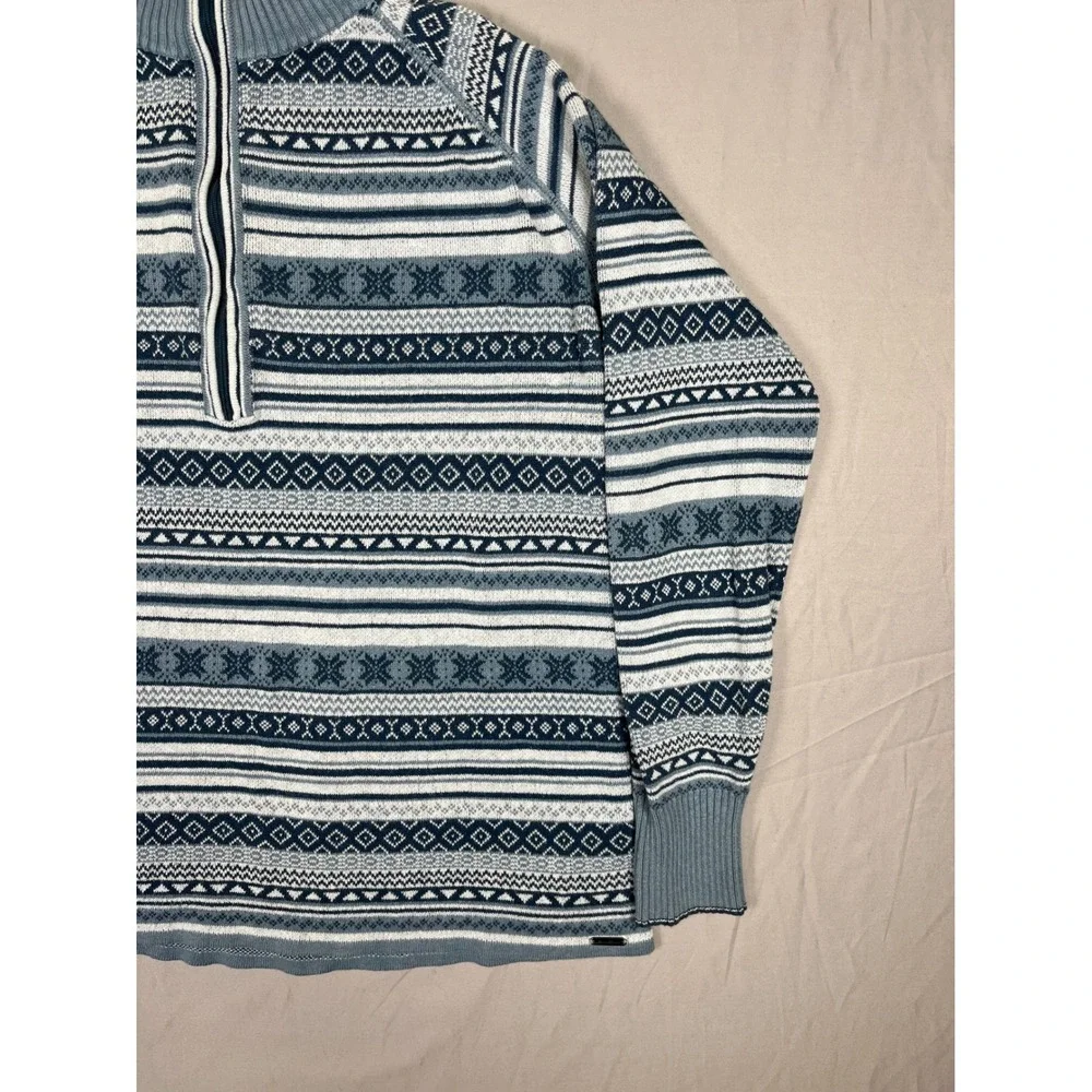 Eddie Bauer Quarter Zip Sweater Mens Medium Blue Nordic Fair Isle Cotton Blend‎